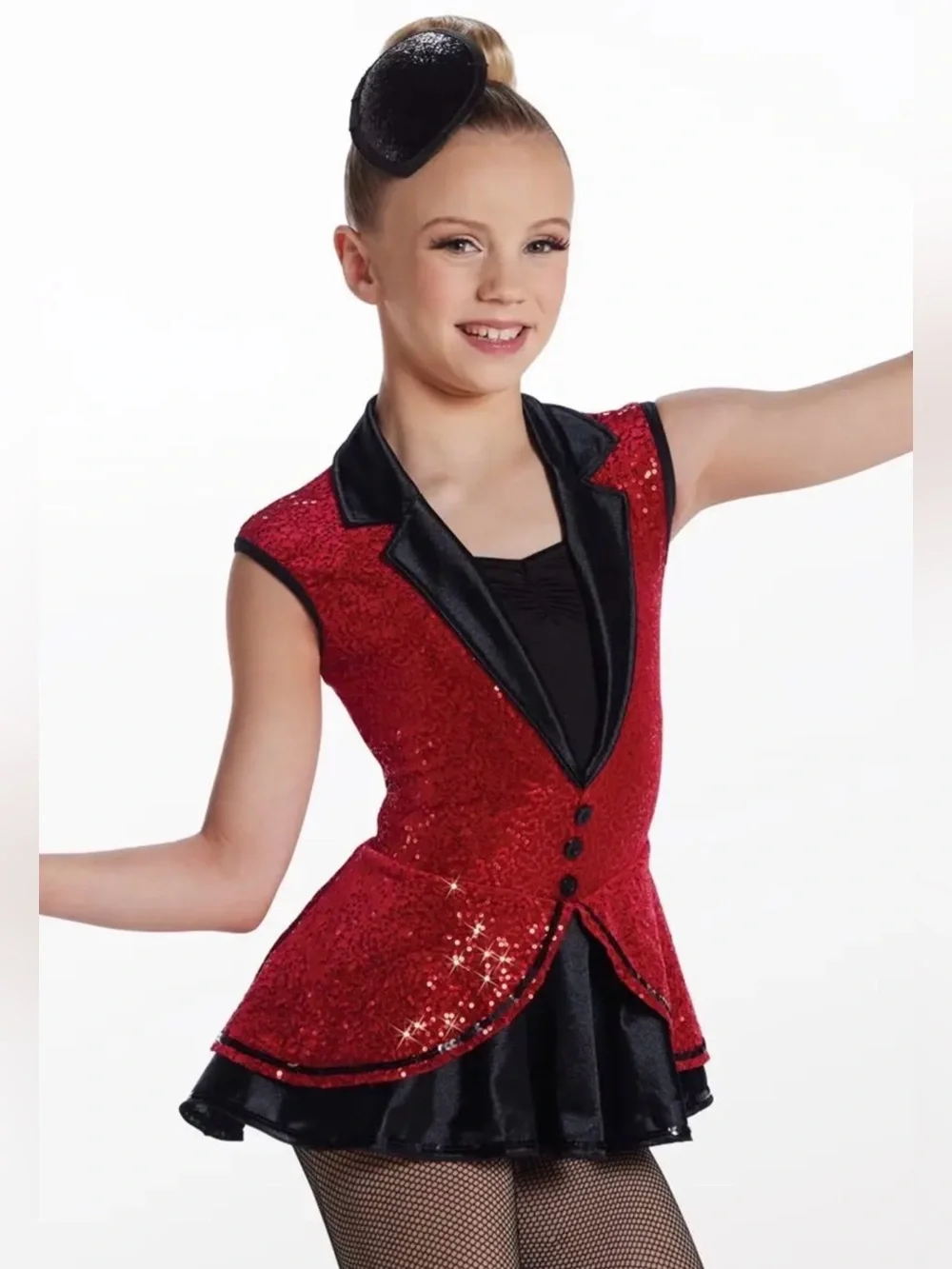 Weissman Red Sequin Dance Dress with Black Satin Trim. Child Large